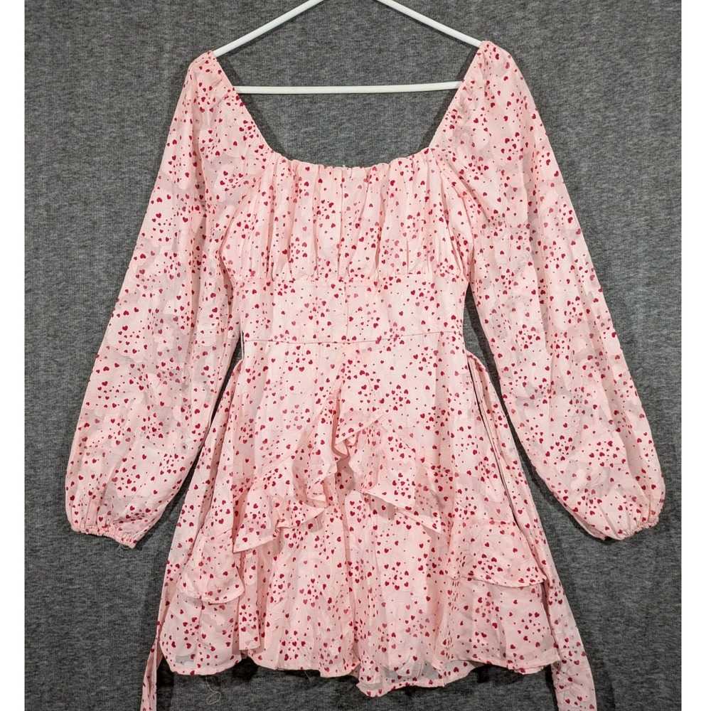 Blue Rain Francescas Heart Print Ruffle Mini Dress Pink Long Sleeve Sz XS NWT